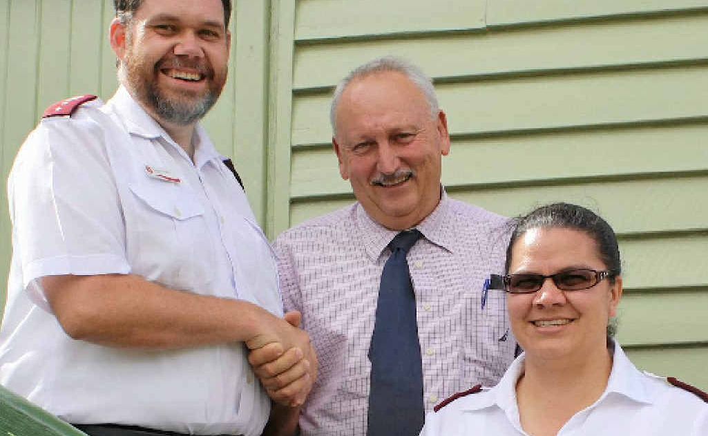Salvation Army’s Captain Mark Williamson and Cathryn Williamson and Warwick East principal Warren Elder. Salvation Army’s Captain Mark Williamson and Cathryn Williamson and Warwick East principal Warren Elder.